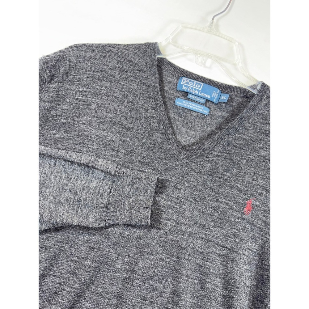 Polo Ralph Lauren Mens XL Gray Merino Wool V-Neck Sweater Custom Ft Italian Yarn